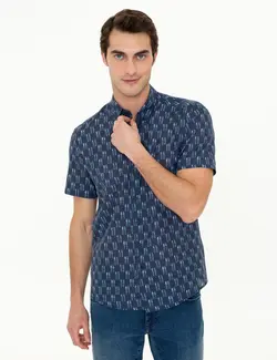 پیراهن آستین کوتاه مردانه یقه برگردان طرحدار سرمه ای پیرکاردین