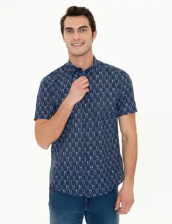 پیراهن آستین کوتاه مردانه یقه برگردان طرحدار سرمه ای پیرکاردین