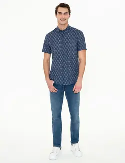 پیراهن آستین کوتاه مردانه یقه برگردان طرحدار سرمه ای پیرکاردین