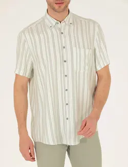 پیراهن آستین کوتاه مردانه یقه برگردان طرحدار با جیب سبز روشن پیرکاردین