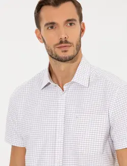 پیراهن آستین کوتاه مردانه چهارخانه یقه برگردان بژ پیرکاردین