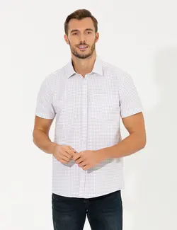 پیراهن آستین کوتاه مردانه چهارخانه یقه برگردان بژ پیرکاردین