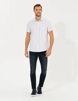 پیراهن آستین کوتاه مردانه چهارخانه یقه برگردان بژ پیرکاردین