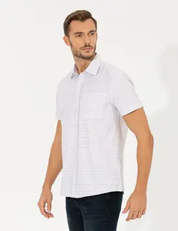 پیراهن آستین کوتاه مردانه چهارخانه یقه برگردان بژ پیرکاردین