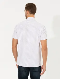 پیراهن آستین کوتاه مردانه چهارخانه یقه برگردان بژ پیرکاردین