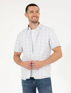 پیراهن آستین کوتاه مردانه یقه برگردان چهارخانه جیبدار دارچینی پیرکاردین