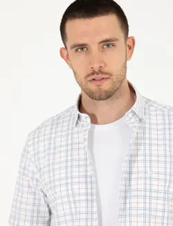 پیراهن آستین کوتاه مردانه یقه برگردان چهارخانه جیبدار دارچینی پیرکاردین