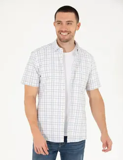 پیراهن آستین کوتاه مردانه یقه برگردان چهارخانه جیبدار دارچینی پیرکاردین