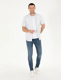 پیراهن آستین کوتاه مردانه یقه برگردان چهارخانه جیبدار دارچینی پیرکاردین