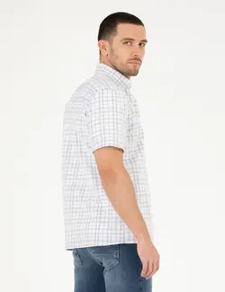 پیراهن آستین کوتاه مردانه یقه برگردان چهارخانه جیبدار دارچینی پیرکاردین