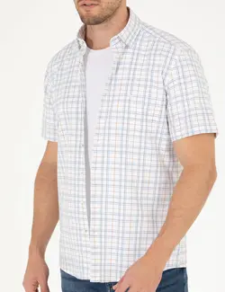 پیراهن آستین کوتاه مردانه یقه برگردان چهارخانه جیبدار دارچینی پیرکاردین