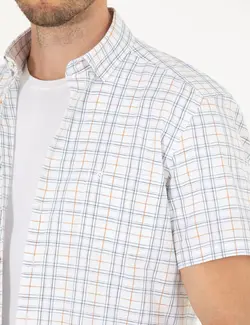 پیراهن آستین کوتاه مردانه یقه برگردان چهارخانه جیبدار دارچینی پیرکاردین