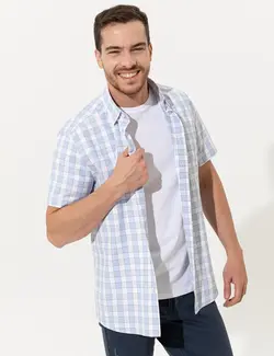 پیراهن آستین کوتاه مردانه یقه برگردان چهارخانه آبی روشن پیرکاردین