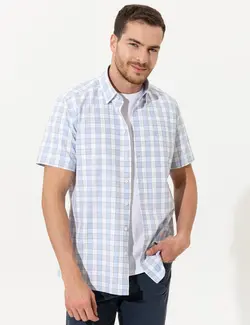 پیراهن آستین کوتاه مردانه یقه برگردان چهارخانه آبی روشن پیرکاردین