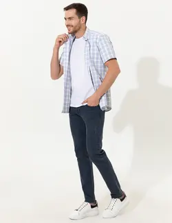 پیراهن آستین کوتاه مردانه یقه برگردان چهارخانه آبی روشن پیرکاردین