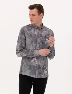 پیراهن آستین بلند مردانه یقه برگردان طرحدار جذب خاکستری پیرکاردین