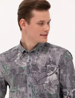 پیراهن آستین بلند مردانه یقه برگردان طرحدار جذب خاکستری پیرکاردین