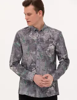 پیراهن آستین بلند مردانه یقه برگردان طرحدار جذب خاکستری پیرکاردین