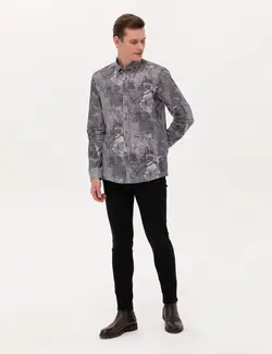 پیراهن آستین بلند مردانه یقه برگردان طرحدار جذب خاکستری پیرکاردین