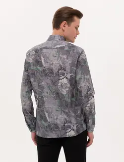 پیراهن آستین بلند مردانه یقه برگردان طرحدار جذب خاکستری پیرکاردین