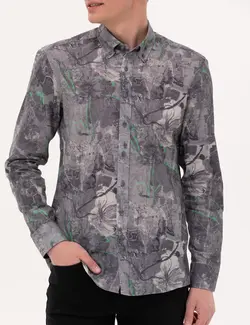 پیراهن آستین بلند مردانه یقه برگردان طرحدار جذب خاکستری پیرکاردین