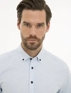 پیراهن آستین بلند مردانه یقه برگردان طرحدار جذب آبی روشن پیرکاردین