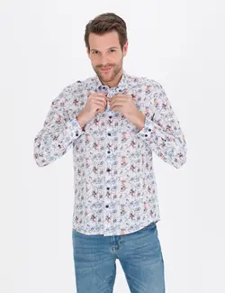 پیراهن آستین بلند مردانه یقه برگردان طرحدار جذب سرمه ای پیرکاردین