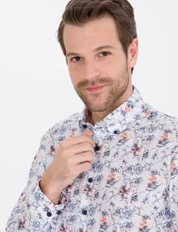 پیراهن آستین بلند مردانه یقه برگردان طرحدار جذب سرمه ای پیرکاردین