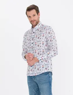 پیراهن آستین بلند مردانه یقه برگردان طرحدار جذب سرمه ای پیرکاردین