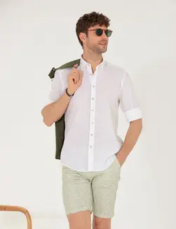 پیراهن آستین بلند مردانه یقه برگردان بدون جیب ساده سفید پیرکاردین