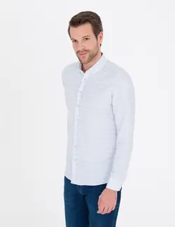 پیراهن آستین بلند مردانه یقه برگردان نخی جذب آبی روشن پیرکاردین