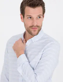 پیراهن آستین بلند مردانه یقه برگردان نخی جذب آبی روشن پیرکاردین