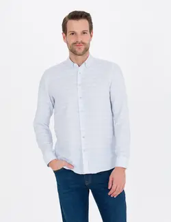 پیراهن آستین بلند مردانه یقه برگردان نخی جذب آبی روشن پیرکاردین