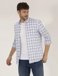 پیراهن آستین بلند مردانه یقه برگردان چهارخانه نخی آبی پیرکاردین