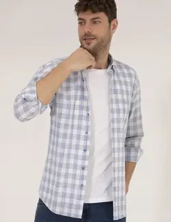 پیراهن آستین بلند مردانه یقه برگردان چهارخانه نخی آبی پیرکاردین