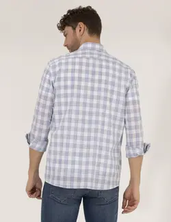 پیراهن آستین بلند مردانه یقه برگردان چهارخانه نخی آبی پیرکاردین