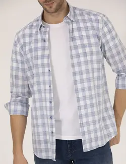 پیراهن آستین بلند مردانه یقه برگردان چهارخانه نخی آبی پیرکاردین