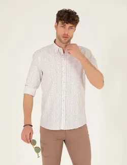 پیراهن آستین بلند مردانه یقه برگردان نخی جذب بژ پیرکاردین