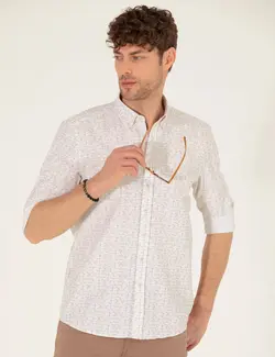 پیراهن آستین بلند مردانه یقه برگردان نخی جذب بژ پیرکاردین