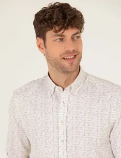 پیراهن آستین بلند مردانه یقه برگردان نخی جذب بژ پیرکاردین