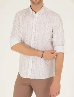 پیراهن آستین بلند مردانه یقه برگردان نخی جذب بژ پیرکاردین