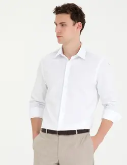 پیراهن آستین بلند مردانه یقه برگردان نخی جذب سفید پیرکاردین