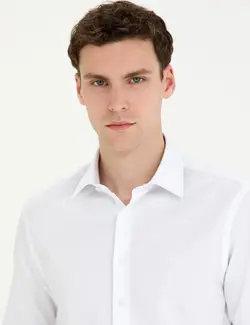 پیراهن آستین بلند مردانه یقه برگردان نخی جذب سفید پیرکاردین