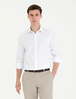 پیراهن آستین بلند مردانه یقه برگردان نخی جذب سفید پیرکاردین