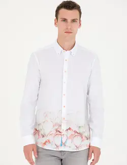 پیراهن آستین بلند مردانه یقه برگردان بدون جیب طرحدار سبز روشن پیرکاردین