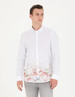 پیراهن آستین بلند مردانه یقه برگردان بدون جیب طرحدار سبز روشن پیرکاردین