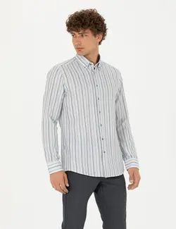 پیراهن آستین بلند مردانه یقه برگردان نخی جذب آبی پیرکاردین