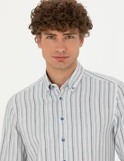 پیراهن آستین بلند مردانه یقه برگردان نخی جذب آبی پیرکاردین