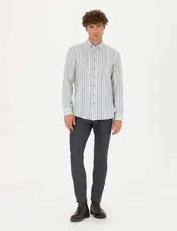 پیراهن آستین بلند مردانه یقه برگردان نخی جذب آبی پیرکاردین