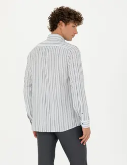 پیراهن آستین بلند مردانه یقه برگردان نخی جذب آبی پیرکاردین